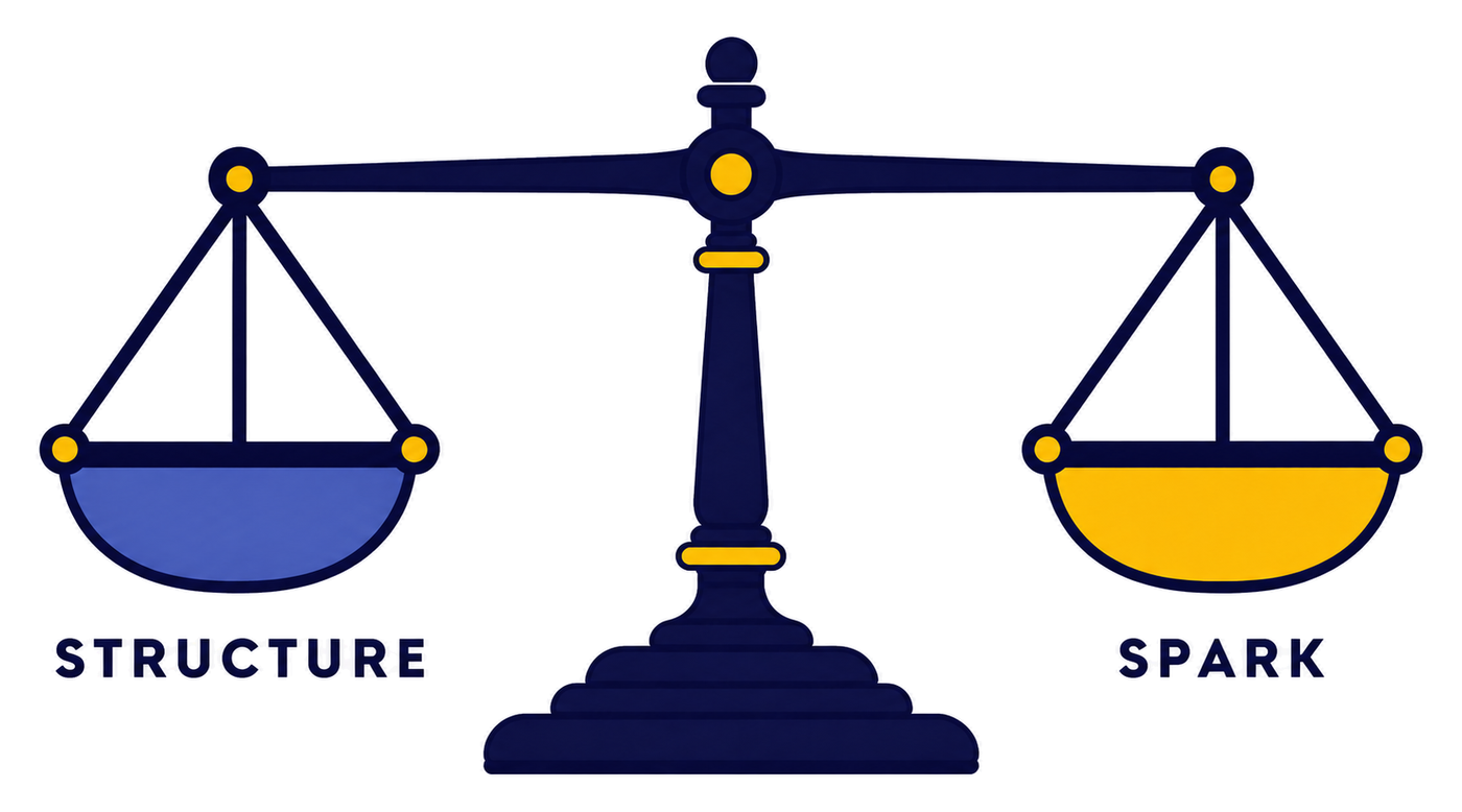 A balance scale holding steady. One pan holds structure, the other holds spark. When the two are level, the result is student engagement.